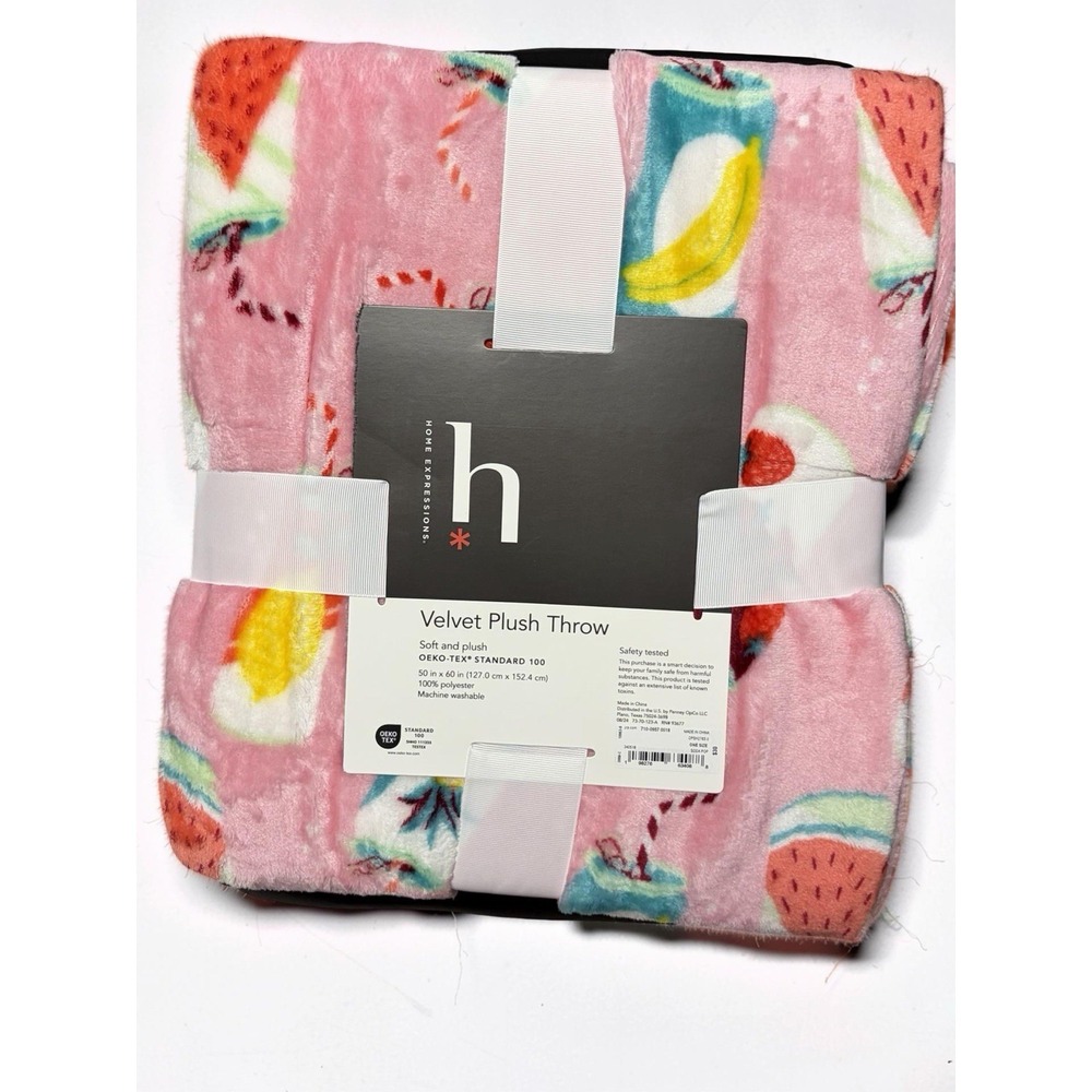 Home Expressions Velvet Plush Throw Blanket Pink Soda Pop Summer Drink 50x60 NWT
